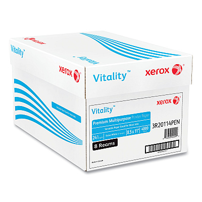 Xerox Vitality Premium Multipurpose Print Paper, 97 Bright, 24 lb Bond Weight, 8.5 x 11, Extra White, 500/Ream, 8 Reams/Carton (XER1001)