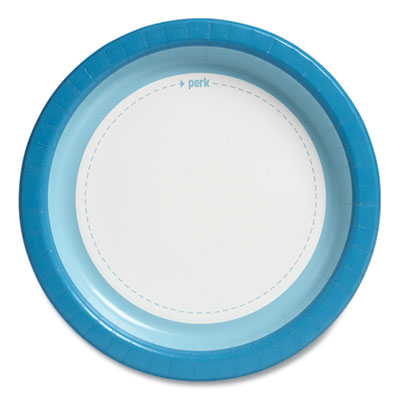 Perk Heavy-Weight Paper Plates, 10" dia, White/Blue, 125 Pack (PRK24375256)