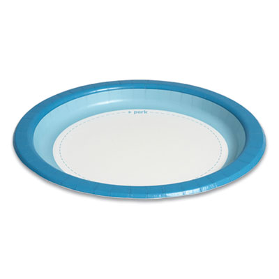 Perk Heavy-Weight Paper Plates, 10" dia, White/Blue, 125 Pack (PRK24375256)