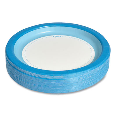 Perk Heavy-Weight Paper Plates, 10" dia, White/Blue, 125 Pack (PRK24375256)