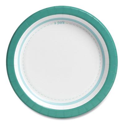 Perk Everyday Paper Plates, 8.5" dia, White/Teal, 125/Pack (PRK24375263)