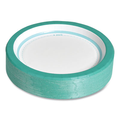 Perk Everyday Paper Plates, 8.5" dia, White/Teal, 125/Pack (PRK24375263)