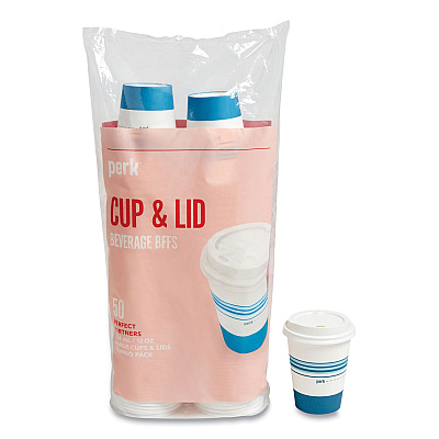 Perk Paper Hot Cup and Plastic Dome Lid Combo, 12 oz, White/Blue, 50 Sets/Pack (PRK24375267)