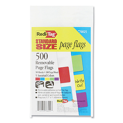 Redi-Tag Removable Page Flags, Red/Blue/Green/Yellow/Purple, 100/Color, 500/Pack (RTG76825)