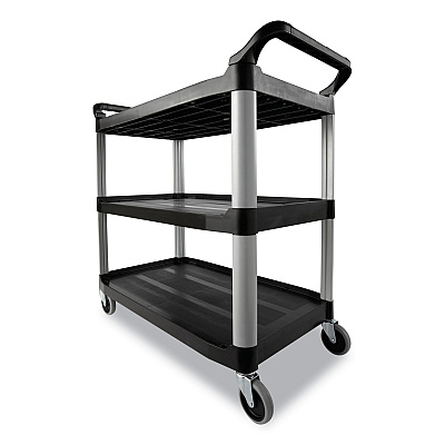 Rubbermaid Commercial Three-Shelf Service Cart, Plastic, 3 Shelves, 200 lb Capacity, 18.63" x 33.63" x 37.75", Black (RCP342488BLA)