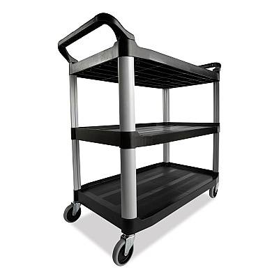 Rubbermaid Commercial Three-Shelf Service Cart, Plastic, 3 Shelves, 200 lb Capacity, 18.63" x 33.63" x 37.75", Black (RCP342488BLA)