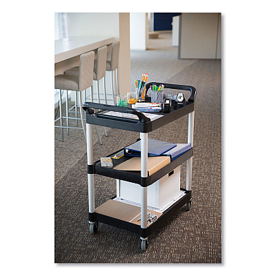 Rubbermaid Commercial Three-Shelf Service Cart, Plastic, 3 Shelves, 200 lb Capacity, 18.63" x 33.63" x 37.75", Black (RCP342488BLA)