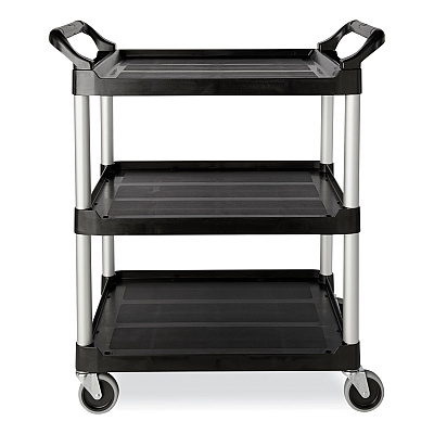 Rubbermaid Commercial Xtra Utility Cart with Open Sides, Plastic, 3 Shelves, 300 lb Capacity, 40.63" x 20" x 37.81", Black (RCP409100BLA)