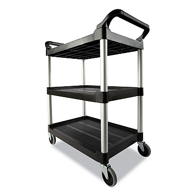 Rubbermaid Commercial Xtra Utility Cart with Open Sides, Plastic, 3 Shelves, 300 lb Capacity, 40.63" x 20" x 37.81", Black (RCP409100BLA)