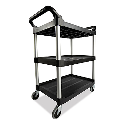 Rubbermaid Commercial Xtra Utility Cart with Open Sides, Plastic, 3 Shelves, 300 lb Capacity, 40.63" x 20" x 37.81", Black (RCP409100BLA)
