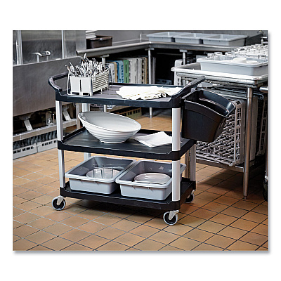 Rubbermaid Commercial Xtra Utility Cart with Open Sides, Plastic, 3 Shelves, 300 lb Capacity, 40.63" x 20" x 37.81", Black (RCP409100BLA)