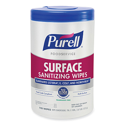 PURELL Foodservice Surface Sanitizing Wipes, 1-Ply, 10 x 7, Fragrance-Free, White, 110/Canister, 6 Canisters/Carton (GOJ934106CT)
