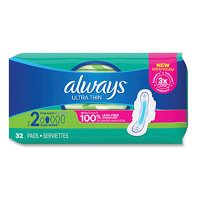 Always Ultra Thin Pads with Wings, Size 2, Long, Super Absorbent, 32/Pack, 3 Packs/Carton (PGC97020)