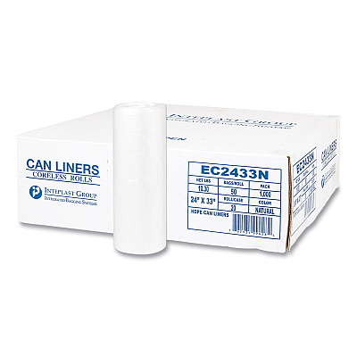 Inteplast Group High-Density Commercial Can Liners, 16 gal, 5 mic, 24" x 33", Natural, Perforated Roll, 50 Bags/Roll, 20 Rolls/Carton (IBSEC2433N)