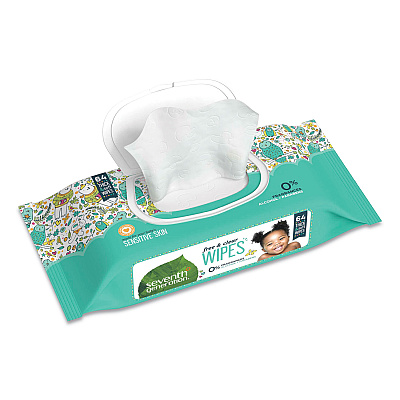 Seventh Generation Free and Clear Baby Wipes, 7 x 7, Unscented, White, 64/Flip Top Pack, 12 Packs/Carton (SEV34208CT)