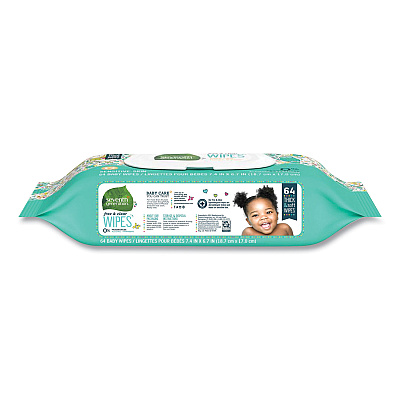 Seventh Generation Free and Clear Baby Wipes, 7 x 7, Unscented, White, 64/Flip Top Pack, 12 Packs/Carton (SEV34208CT)
