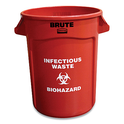 Rubbermaid Commercial Vented Round Brute Container, "Infectious Waste: Biohazard" Imprint, 32 gal, Plastic, Red (RCP263294RED)