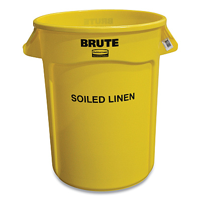Rubbermaid Commercial Vented Round Brute Container, "Soiled Linen" Imprint, 32 gal, Plastic, Yellow (RCP263294YEL)