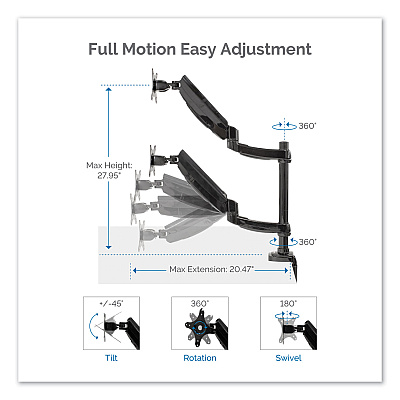 Fellowes Platinum Series Dual Stacking Arm for 27" Monitors, 360 deg Rotation, 180 deg Tilt, 360 deg Pan, Black, Supports 22 lb (8043401)