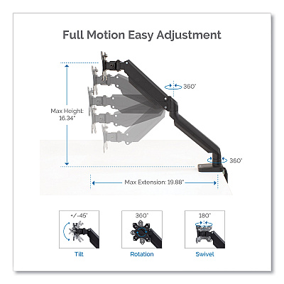Fellowes Platinum Series Single Monitor Arm, For 30" Monitors, 360 deg Rotation, 180 deg Tilt, 360 deg Pan, Black, Supports 20 lb (8043301)
