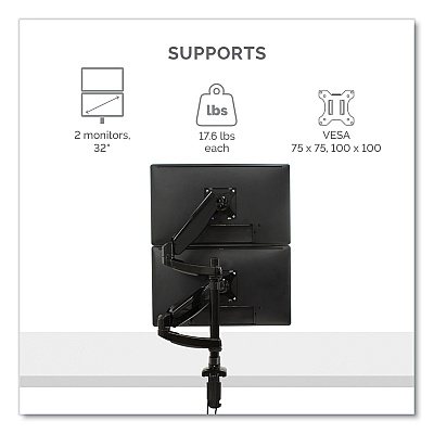 Fellowes Platinum Series Dual Stacking Arm for 27" Monitors, 360 deg Rotation, 180 deg Tilt, 360 deg Pan, Black, Supports 22 lb (8043401)