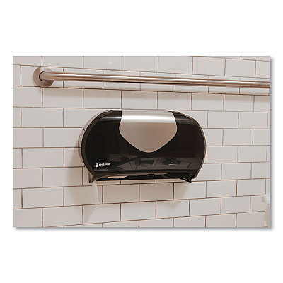 San Jamar Twin 9" Jumbo Bath Tissue Dispenser, Summit, 20.07 x 5.88 x 11.9, Black/Faux Stainless Steel (SJMR4070BKSS)