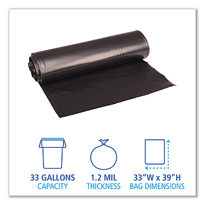Boardwalk Recycled Low-Density Polyethylene Can Liners, 33 gal, 1.2 mil, 33" x 39", Black, Perforated, 10 Bags/Roll, 10 Rolls/Carton (BWK516)