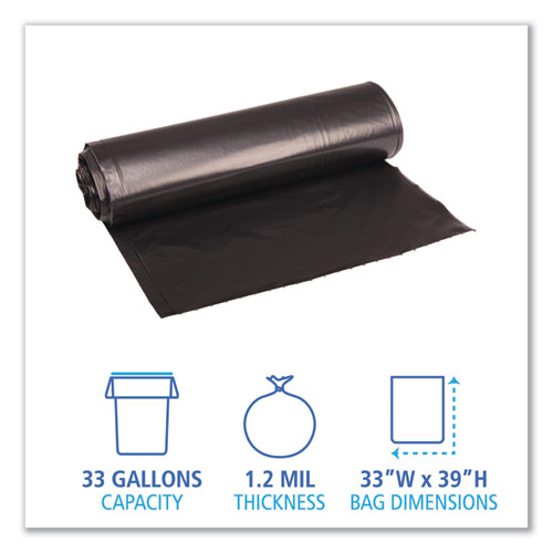 Boardwalk Recycled Low-Density Polyethylene Can Liners, 33 gal, 1.2 mil, 33" x 39", Black, 10 Bags/Roll, 10 Rolls/Carton (516)