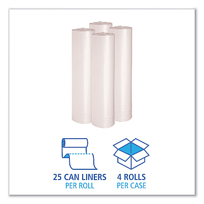 Boardwalk Recycled Low-Density Polyethylene Can Liners, 56 gal, 1.4 mil, 43" x 47", Clear, Perforated, 10 Bags/Roll, 10 Rolls/Carton (BWK536)