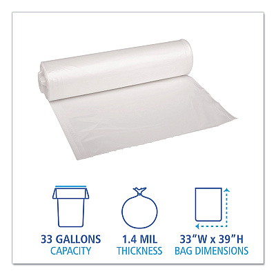 Boardwalk Recycled Low-Density Polyethylene Can Liners, 33 gal, 1.4 mil, 33" x 39", Clear, Perforated, 10 Bags/Roll, 10 Rolls/Carton (BWK534)