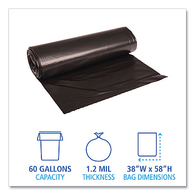 Boardwalk Recycled Low-Density Polyethylene Can Liners, 60 gal, 1.2 mil, 38" x 58", Black, Perforated, 10 Bags/Roll, 10 Rolls/Carton (BWK519)