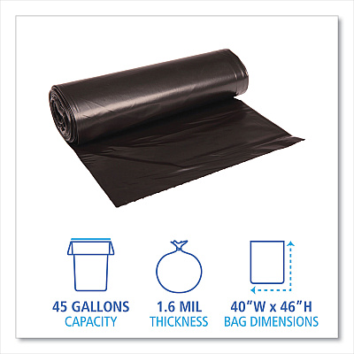 Boardwalk Recycled Low-Density Polyethylene Can Liners, 45 gal, 1.6 mil, 40" x 46", Black, Perforated, 10 Bags/Roll, 10 Rolls/Carton (BWK521)