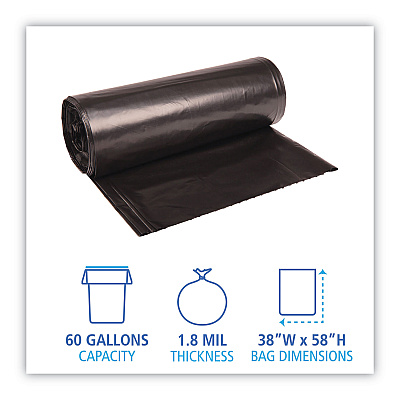 Boardwalk Recycled Low-Density Polyethylene Can Liners, 60 gal, 1.8 mil, 38" x 58", Black, Perforated, 10 Bags/Roll, 10 Rolls/Carton (BWK526)