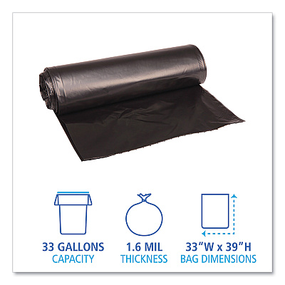 Boardwalk Recycled Low-Density Polyethylene Can Liners, 33 gal, 1.6 mil, 33" x 39", Black, Perforated, 10 Bags/Roll, 10 Rolls/Carton (BWK520)