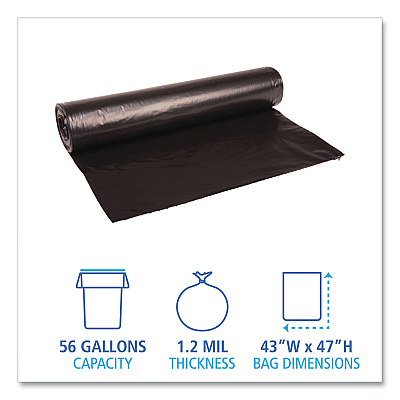 Boardwalk Recycled Low-Density Polyethylene Can Liners, 56 gal, 1.2 mil, 43" x 47", Black, Perforated, 10 Bags/Roll, 10 Rolls/Carton (BWK518)