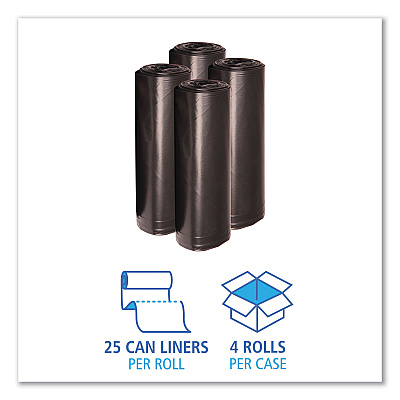 Boardwalk Recycled Low-Density Polyethylene Can Liners, 45 gal, 1.6 mil, 40" x 46", Black, Perforated, 10 Bags/Roll, 10 Rolls/Carton (BWK521)