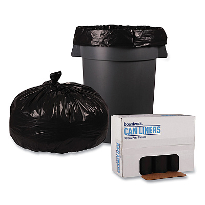 Boardwalk Recycled Low-Density Polyethylene Can Liners, 60 gal, 1.6 mil, 38" x 58", Black, Perforated, 10 Bags/Roll, 10 Rolls/Carton (BWK523)