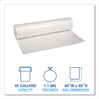Boardwalk Recycled Low-Density Polyethylene Can Liners, 45 gal, 1.1 mil, 40" x 46", Clear, Perforated, 10 Bags/Roll, 10 Rolls/Carton (BWK531)