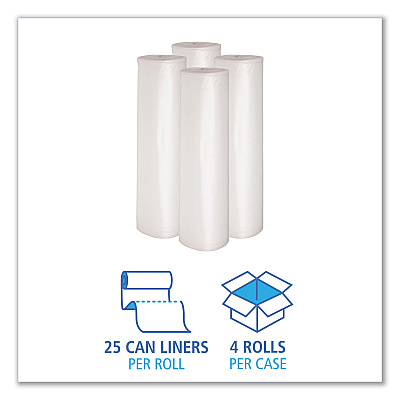 Boardwalk Recycled Low-Density Polyethylene Can Liners, 60 gal, 1.1 mil, 38" x 58", Clear, Perforated, 10 Bags/Roll, 10 Rolls/Carton (BWK533)