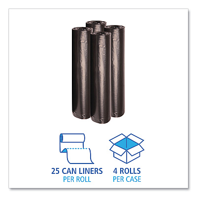 Boardwalk Recycled Low-Density Polyethylene Can Liners, 56 gal, 1.2 mil, 43" x 47", Black, Perforated, 10 Bags/Roll, 10 Rolls/Carton (BWK518)