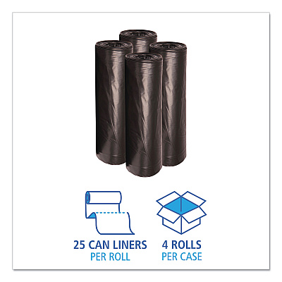 Boardwalk Recycled Low-Density Polyethylene Can Liners, 56 gal, 1.6 mil, 43" x 47", Black, Perforated, 20 Bags/Roll, 5 Rolls/Carton (BWK522)