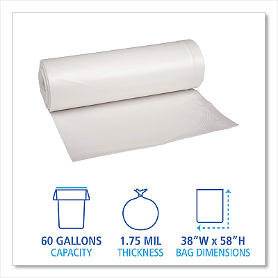 Boardwalk Recycled Low-Density Polyethylene Can Liners, 60 gal, 1.75 mil, 38" x 58", Clear, Perforated, 10 Bags/Roll, 10 Rolls/Carton (BWK538)