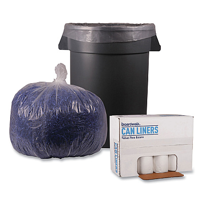 Boardwalk Recycled Low-Density Polyethylene Can Liners, 33 gal, 1.1 mil, 33" x 39", Clear, Perforated, 10 Bags/Roll, 10 Rolls/Carton (BWK530)