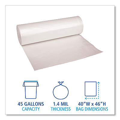 Boardwalk Recycled Low-Density Polyethylene Can Liners, 45 gal, 1.4 mil, 40" x 46", Clear, Perforated, 10 Bags/Roll, 10 Rolls/Carton (BWK535)
