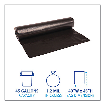 Boardwalk Recycled Low-Density Polyethylene Can Liners, 45 gal, 1.2 mil, 40" x 46", Black, Perforated, 10 Bags/Roll, 10 Rolls/Carton (BWK517)