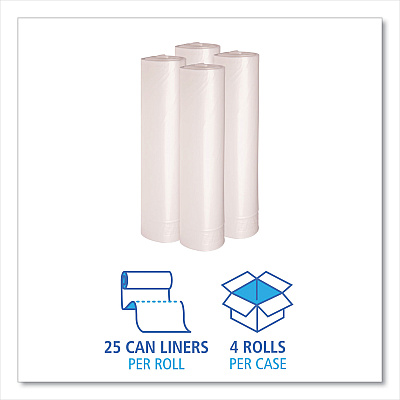 Boardwalk Recycled Low-Density Polyethylene Can Liners, 45 gal, 1.1 mil, 40" x 46", Clear, Perforated, 10 Bags/Roll, 10 Rolls/Carton (BWK531)