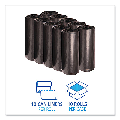 Boardwalk Recycled Low-Density Polyethylene Can Liners, 60 gal, 1.8 mil, 38" x 58", Black, Perforated, 10 Bags/Roll, 10 Rolls/Carton (BWK526)