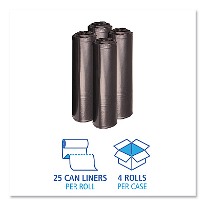 Boardwalk Recycled Low-Density Polyethylene Can Liners, 33 gal, 1.2 mil, 33" x 39", Black, Perforated, 10 Bags/Roll, 10 Rolls/Carton (BWK516)