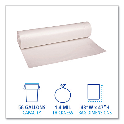 Boardwalk Recycled Low-Density Polyethylene Can Liners, 56 gal, 1.4 mil, 43" x 47", Clear, Perforated, 10 Bags/Roll, 10 Rolls/Carton (BWK536)