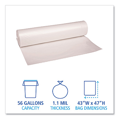 Boardwalk Recycled Low-Density Polyethylene Can Liners, 56 gal, 1.1 mil, 43" x 47", Clear, Perforated, 10 Bags/Roll, 10 Rolls/Carton (BWK532)